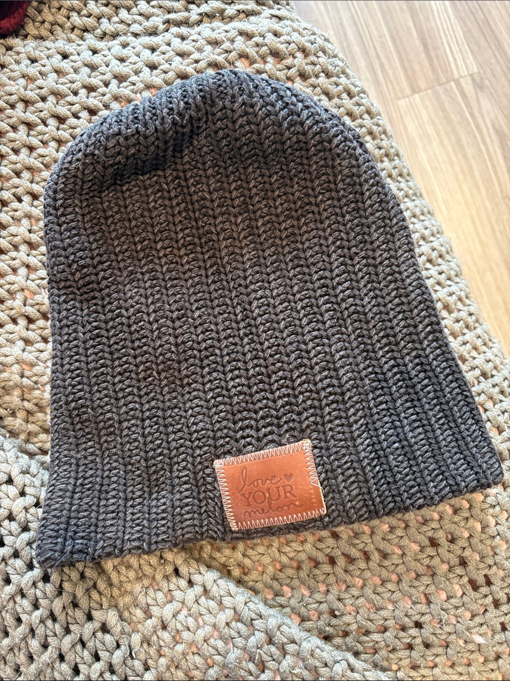 Love Your Melon Dark Charcoal Knit Beanie with Leather Patch